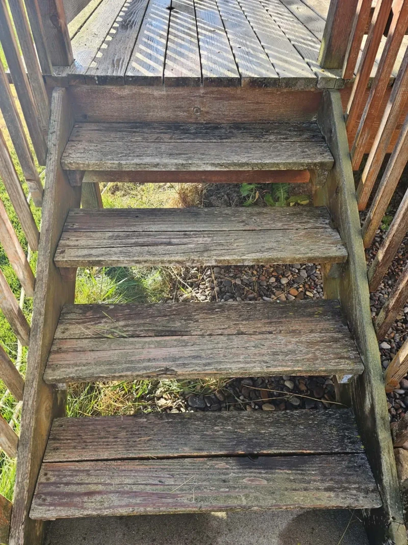 Old wood deck stairs with cracked gray treads and moss buildup before sanding and staining