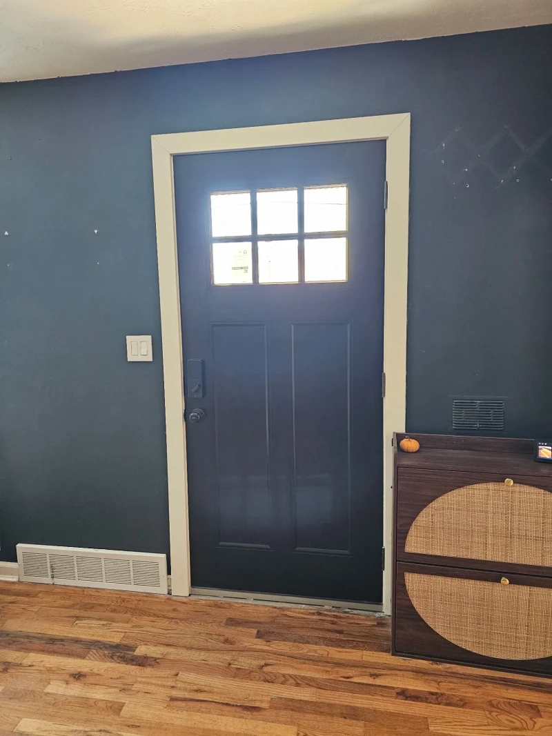 The new front door from inside: a dark six-pane craftsman door in white trim against a navy wall