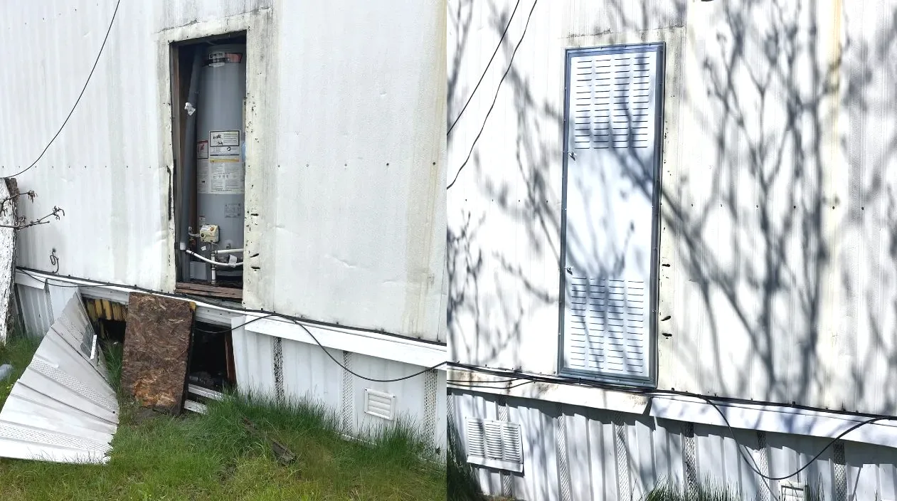 Before and after: a missing water heater access panel replaced with a new louvered access door on a manufactured home